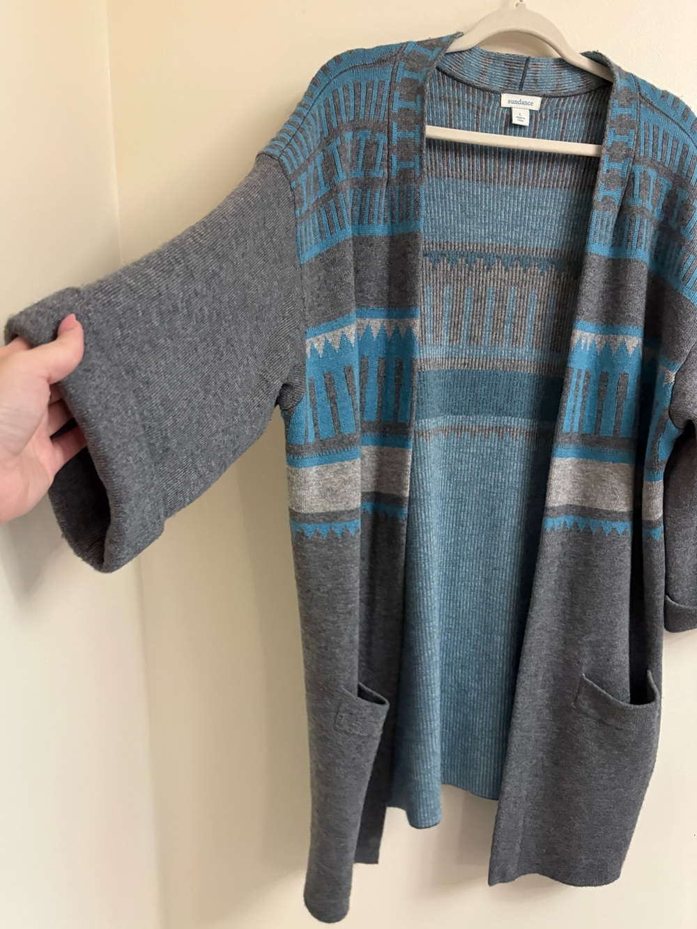 Sundance Quiet Isle Cashmere Wool Boho Duster Cardigan L Fair Isle Sweater open - Picture 7 of 10